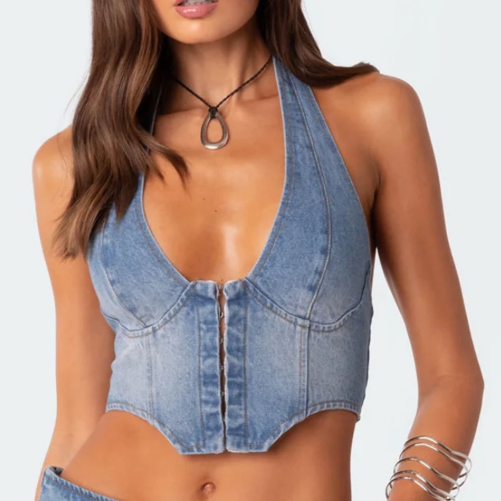 Edikted Katrina Lace Up Denim Corset Small NWT
